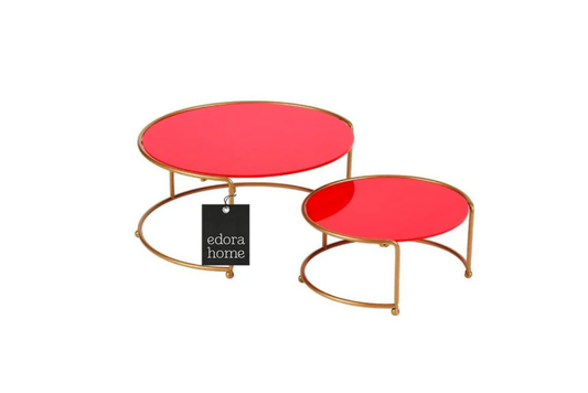 Yuvarlak formda rose metal sunumluk – kırmızı pleksi tabanlı, şık ve modern küçük boy tasarım