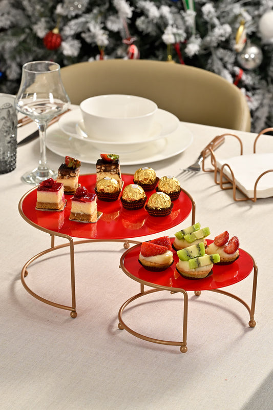 Rose renkli yuvarlak ikili küçük sunumluk seti – kırmızı pleksi tabanlı metal ikramlık ve dekoratif hediyelik