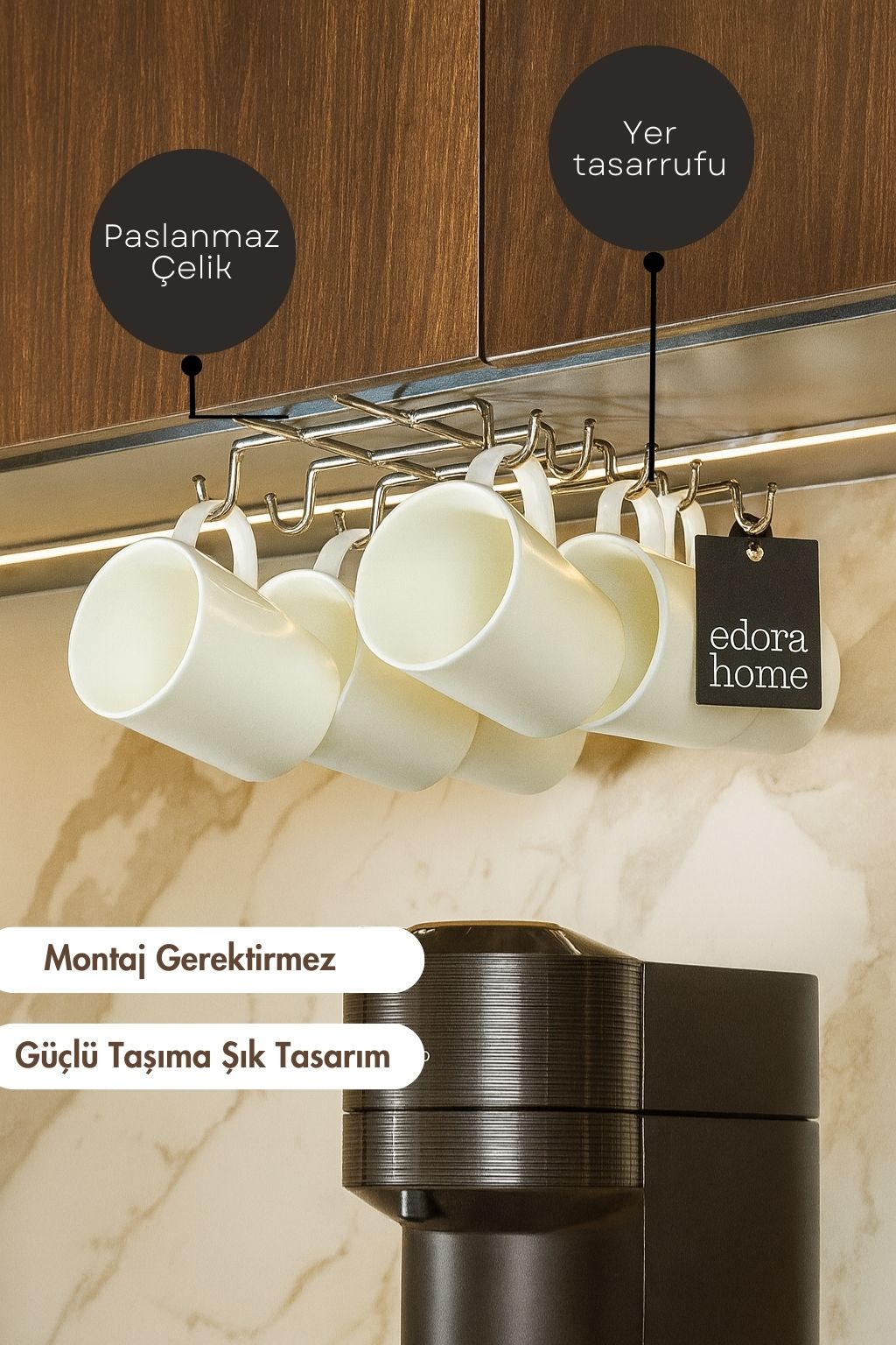 Parlak Silver 10 Kancalı Bardak Askılığı Raf Altı Kupa Fincan Düzenleyici Paslanmaz Metal