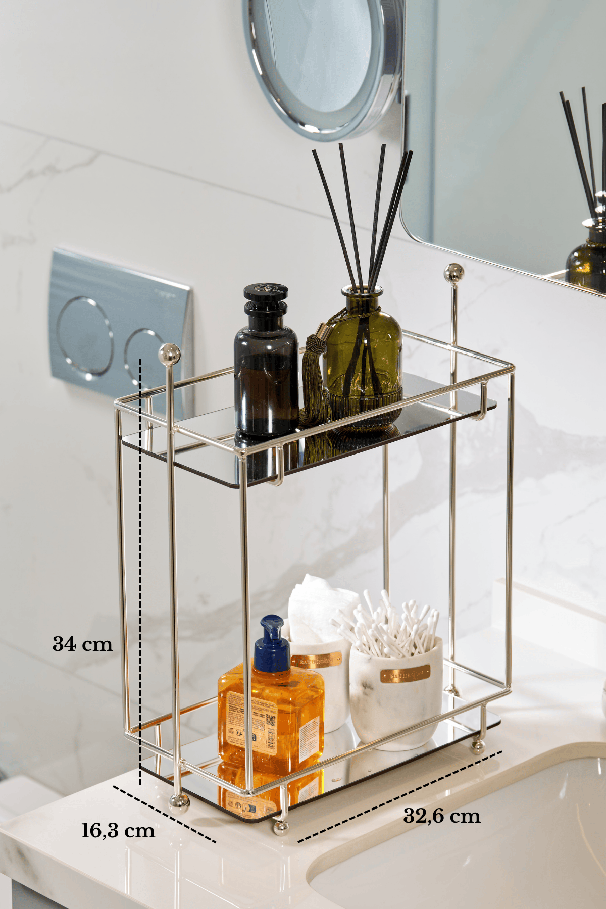Parlak Silver 2 Katlı Dikdörtgen Banyo Organizer Tezgah Üstü Düzenleyici Pleksili