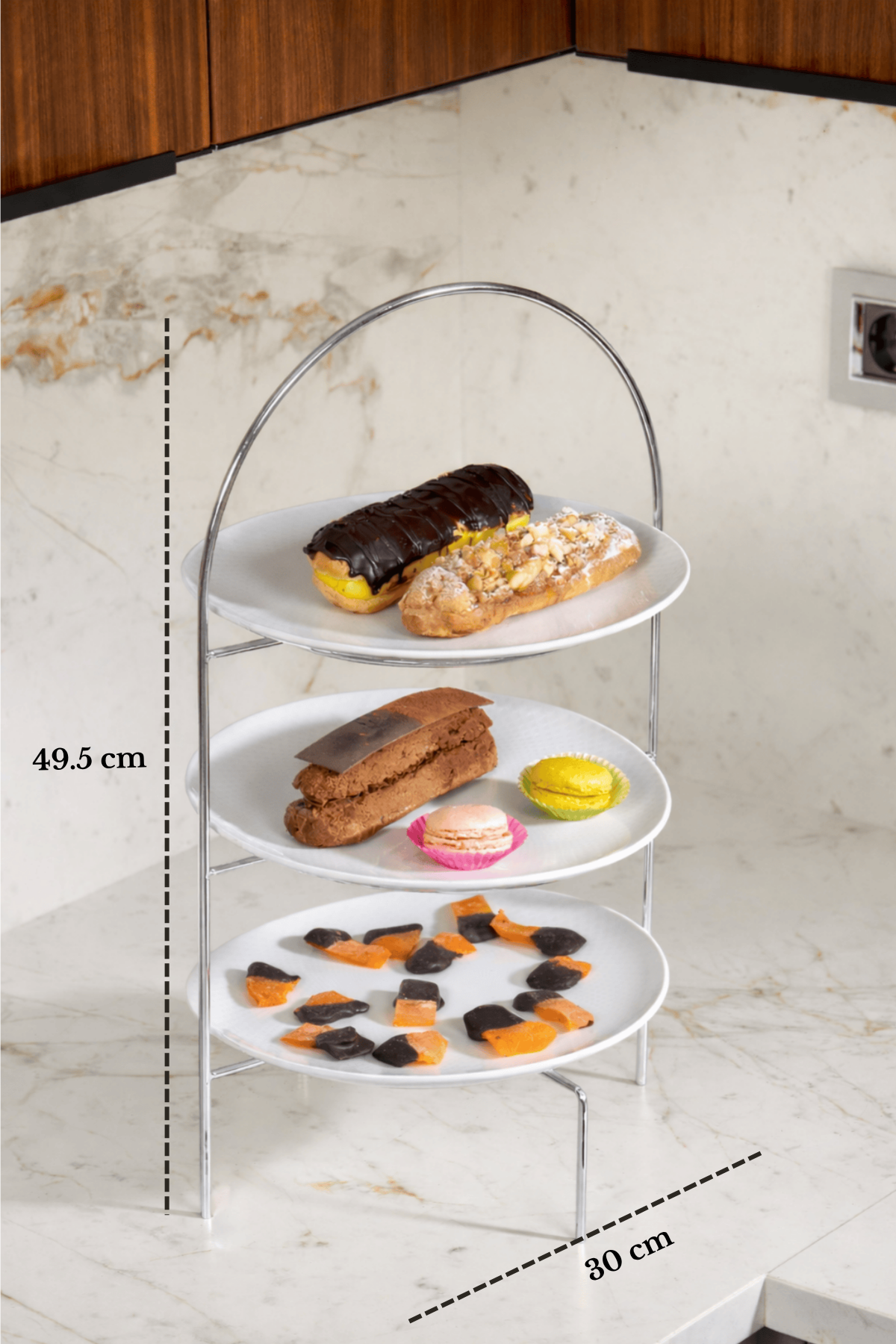 Parlak Silver 3 Katlı Pasta Kurabiye İkramlık Sunum Standı Dekoratif Servislik