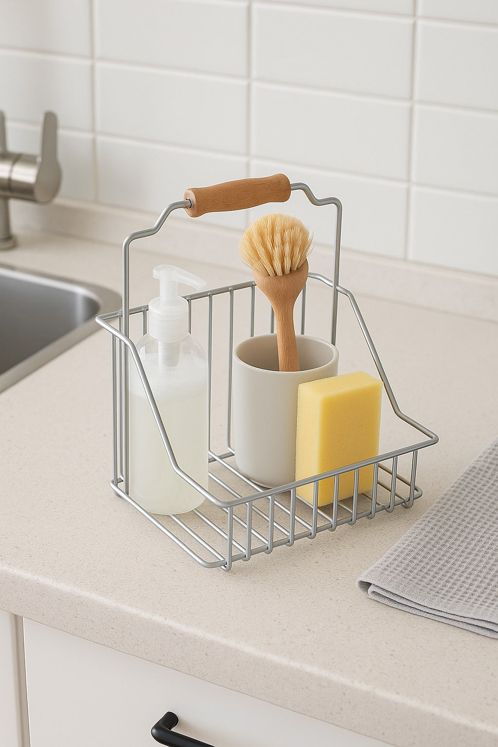 Silver Ahşap Kulplu Retro Sepet, Şık Çok Amaçlı Düzenleyici Organizer