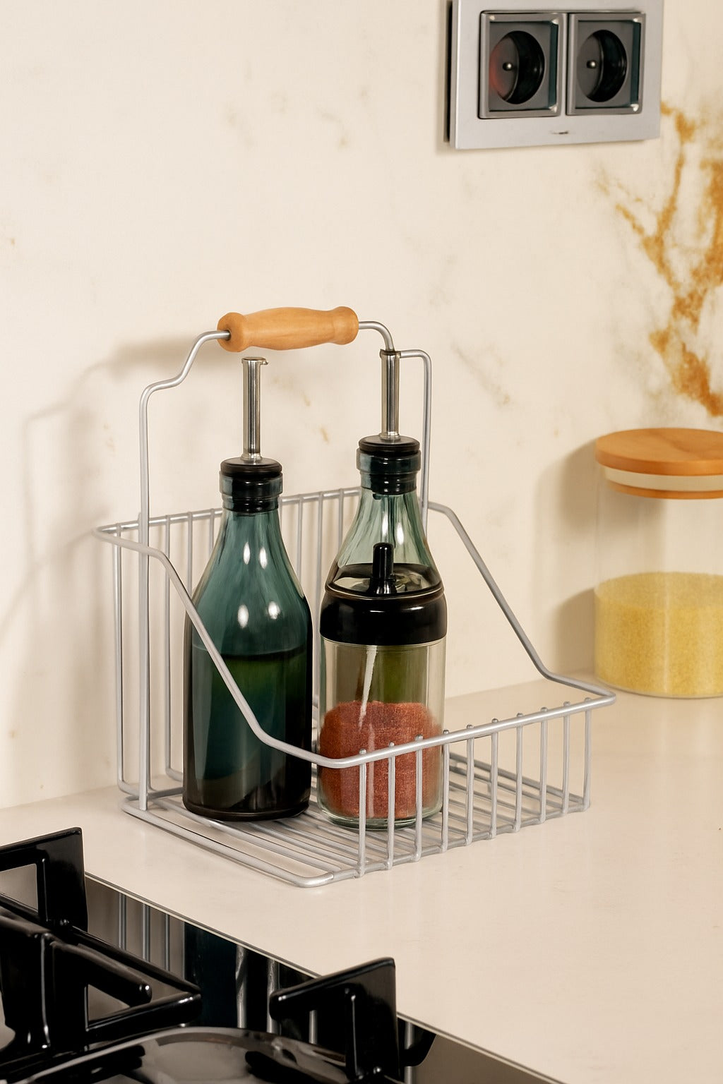 Parlak Silver Ahşap Kulplu Retro Sepet Çok Amaçlı Düzenleyici Organizer