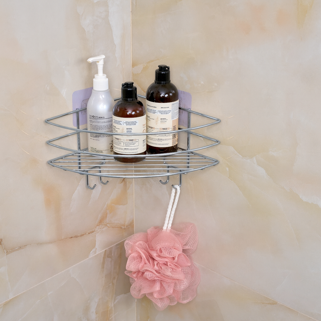 Silver Lüx Köşe Raf Organizer – Yapışkanlı Paslanmaz Metal Banyo Duş Şampuanlık, Çok Amaçlı Raf