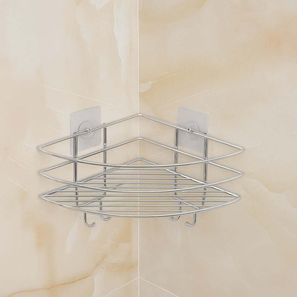 Parlak Silver Yapışkanlı Köşe Raf Organizer Duş Şampuanlık Banyo Rafı Paslanmaz Metal