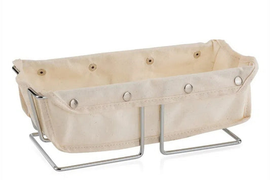 Silver renkli dikdörtgen paslanmaz ekmek sepeti – bej kanvas kumaşlı şık sunum ürünü