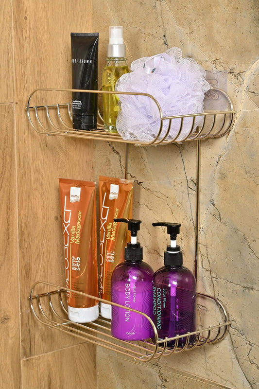 Silver renkli iki katlı köşe sabunluk ve şampuanlık – paslanmaz çelik banyo rafı