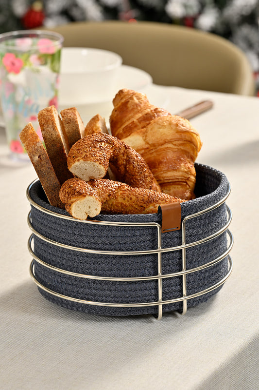 Silver Yuvarlak Ekmek Sepeti Şık,Ekmeklik Açık Mavi Hasır Örmeli Makrome-Çok Amaçlı Metal Paslanmaz