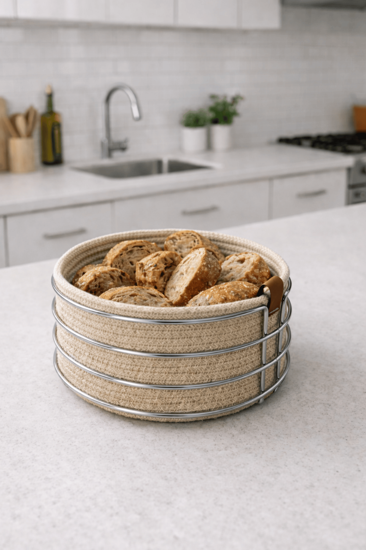 Silver Yuvarlak Ekmek Sepeti Şık,Ekmeklik Bej Ton Hasır Örmeli Makrome-Çok Amaçlı Metal Paslanmaz