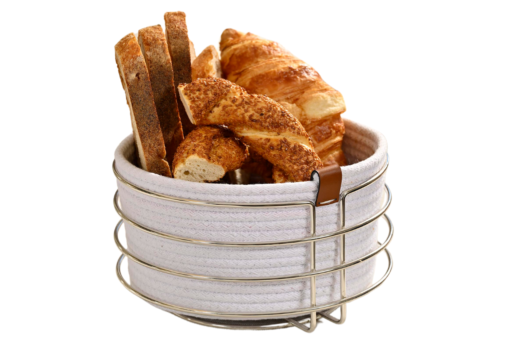 Silver Yuvarlak Ekmek Sepeti Şık,Ekmeklik Beyaz Hasır Örmeli Makrome-Çok Amaçlı Metal Paslanmaz