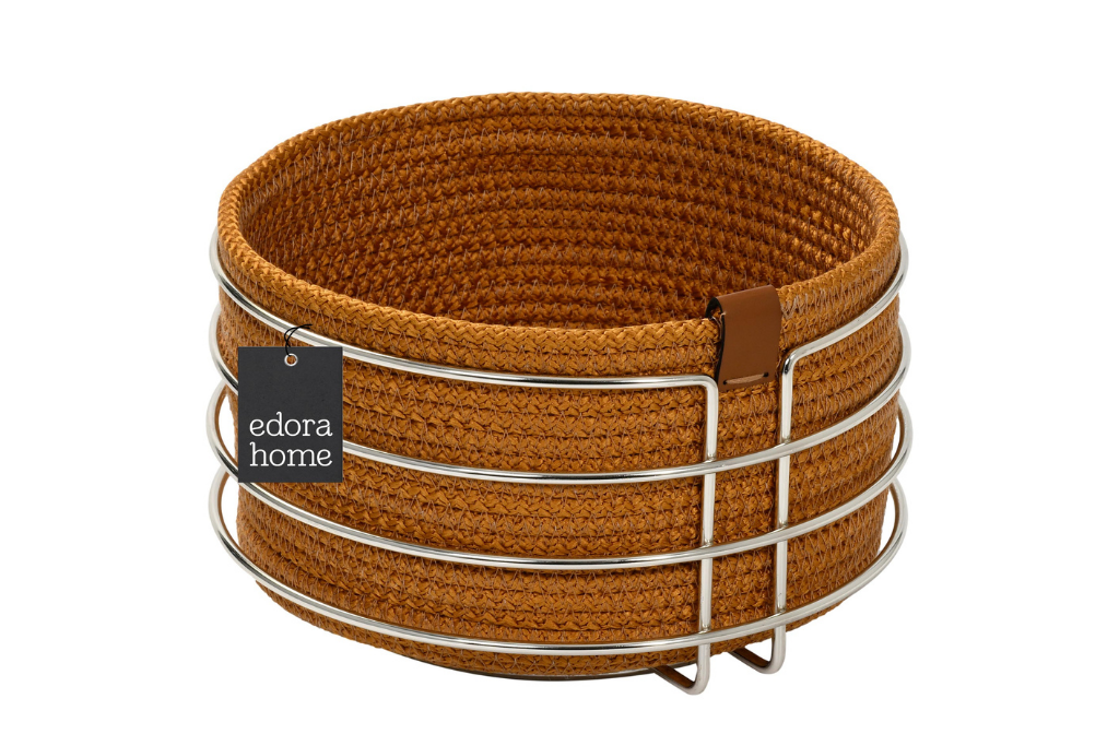 Silver Round Bread Basket, Chic, Mustard Wicker Weave Macrame-Multipurpose Metal Stainless Steel