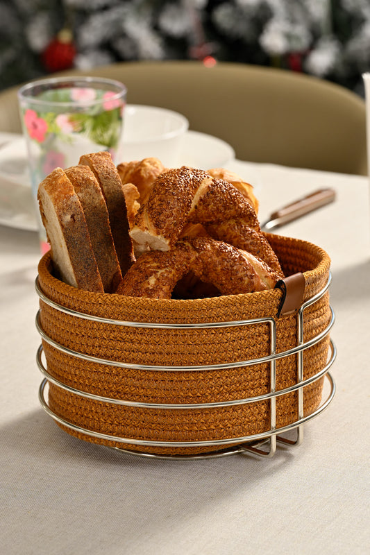 Silver Yuvarlak Ekmek Sepeti Şık,Ekmeklik Hardal Hasır Örmeli Makrome-Çok Amaçlı Metal Paslanmaz