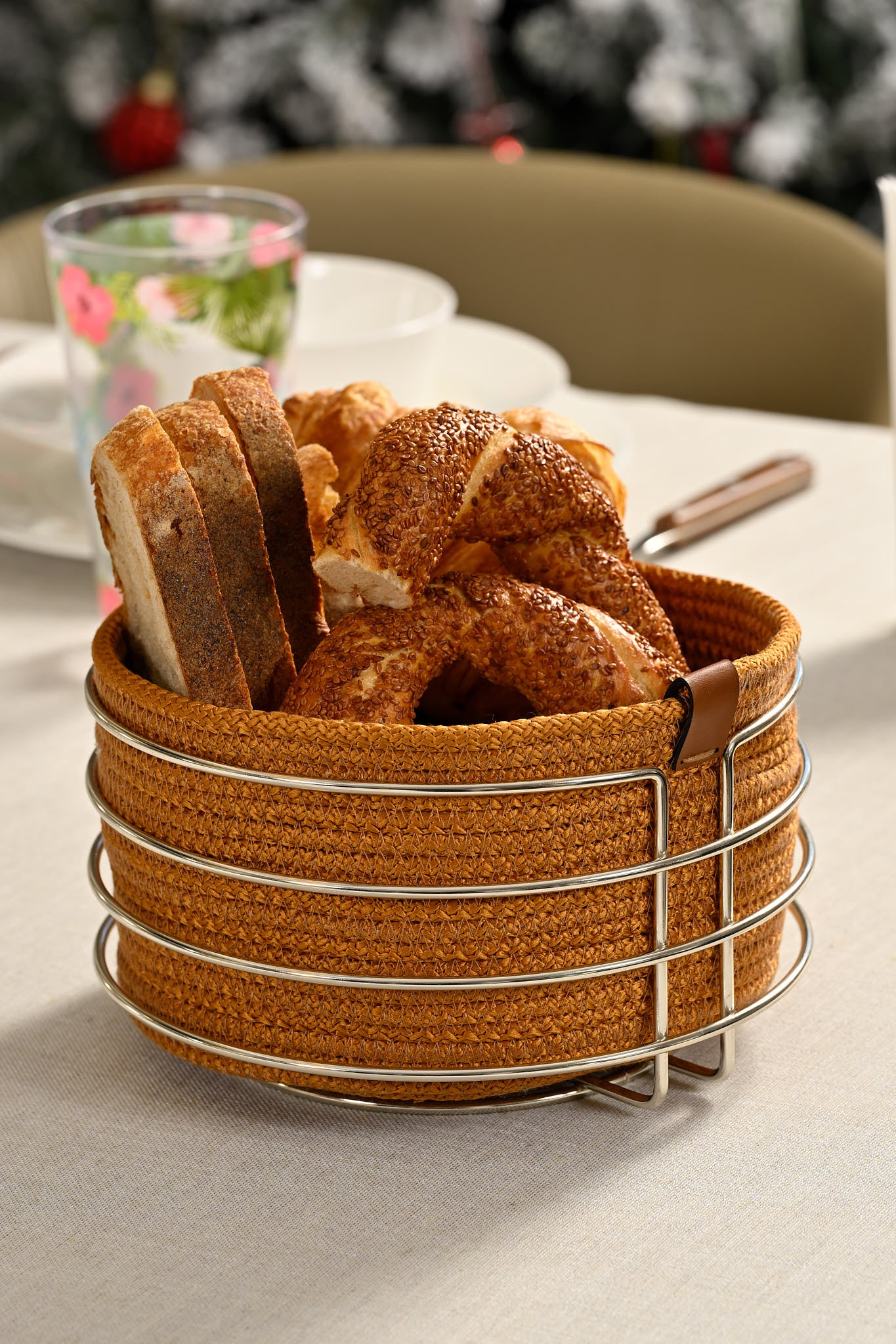 Silver Round Bread Basket, Chic, Mustard Wicker Weave Macrame-Multipurpose Metal Stainless Steel