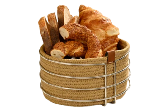 Silver renkli yuvarlak metal ekmek sepeti, kahve tonlarında hasır örmeli şık tasarımıyla.