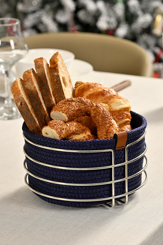 Silver Yuvarlak Ekmek Sepeti Şık,Ekmeklik Lacivert Hasır Örmeli Makrome-Çok Amaçlı Metal Paslanmaz