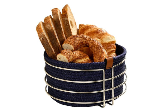 Silver Yuvarlak Ekmek Sepeti Şık,Ekmeklik Lacivert Hasır Örmeli Makrome-Çok Amaçlı Metal Paslanmaz