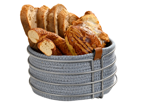 Silver Yuvarlak Ekmek Sepeti Şık,Ekmeklik Mavi Hasır Örmeli Makrome-Çok Amaçlı Metal Paslanmaz