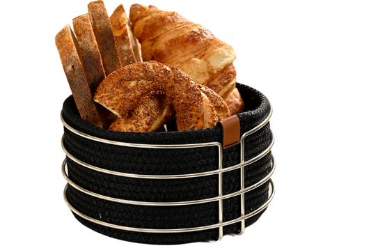 Silver Yuvarlak Ekmek Sepeti Şık,Ekmeklik Siyah Hasır Örmeli Makrome-Çok Amaçlı Metal Paslanmaz