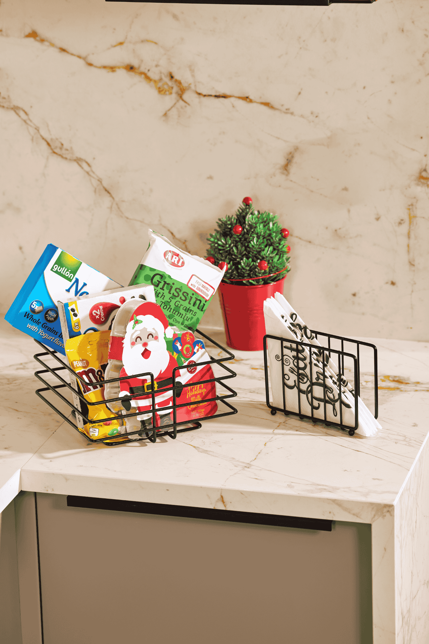 Siyah 2'Li Servis Sunum Seti, Çok Amaçlı Düzenleyici Ve Kafesli Peçetelik, Hediyelik-Metal Paslanmaz