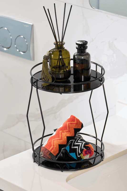 Siyah İki Katlı Parfüm, Takı ve Kozmetik Düzenleyici Şık Banyo Organizeri, Pleksili