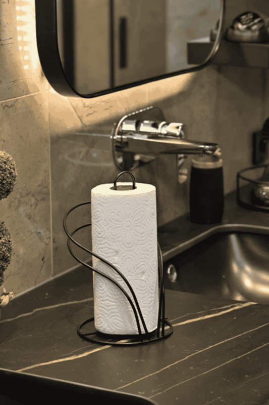 Kuğu figürlü siyah kağıt havluluk – paslanmaz metal, şık mutfak ve banyo aksesuarı