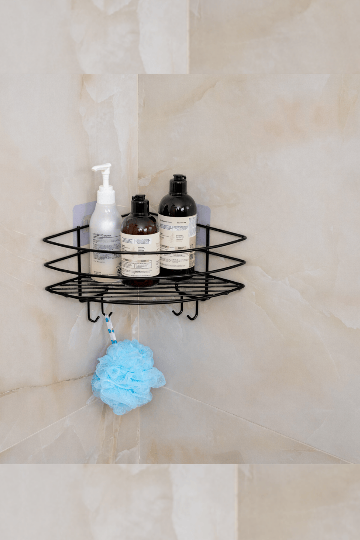 Siyah Lüx Köşe Raf Organizer – Yapışkanlı Paslanmaz Metal Banyo Duş Şampuanlık, Çok Amaçlı Raf