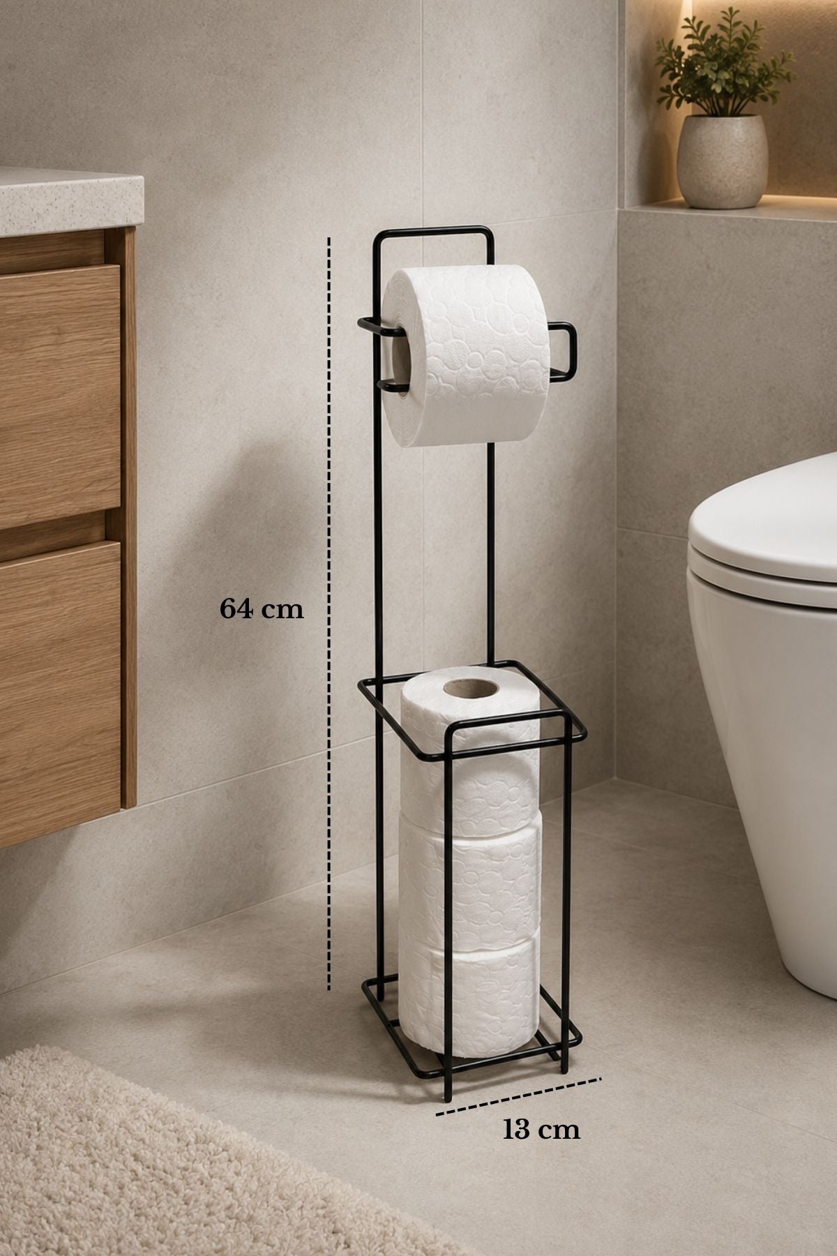 Siyah Metal Ayaklı Tuvalet Kağıtlığı ve Yedek Rulo Standı | Modern WC Kağıtlık