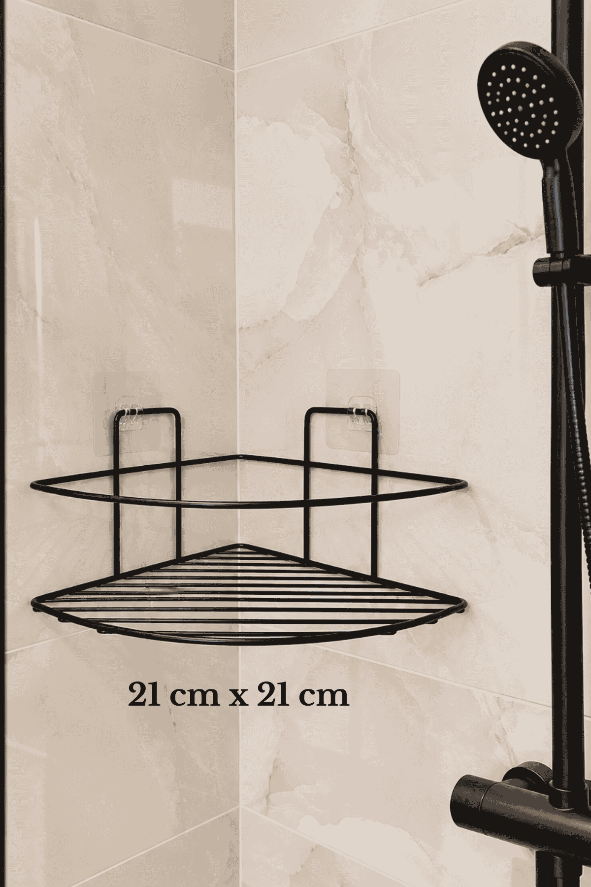 Siyah Metal Banyo Köşe Rafı Duş İçi Şampuanlık Düzenleyici Organizer 21x21 cm, Yapışkan Hediyeli