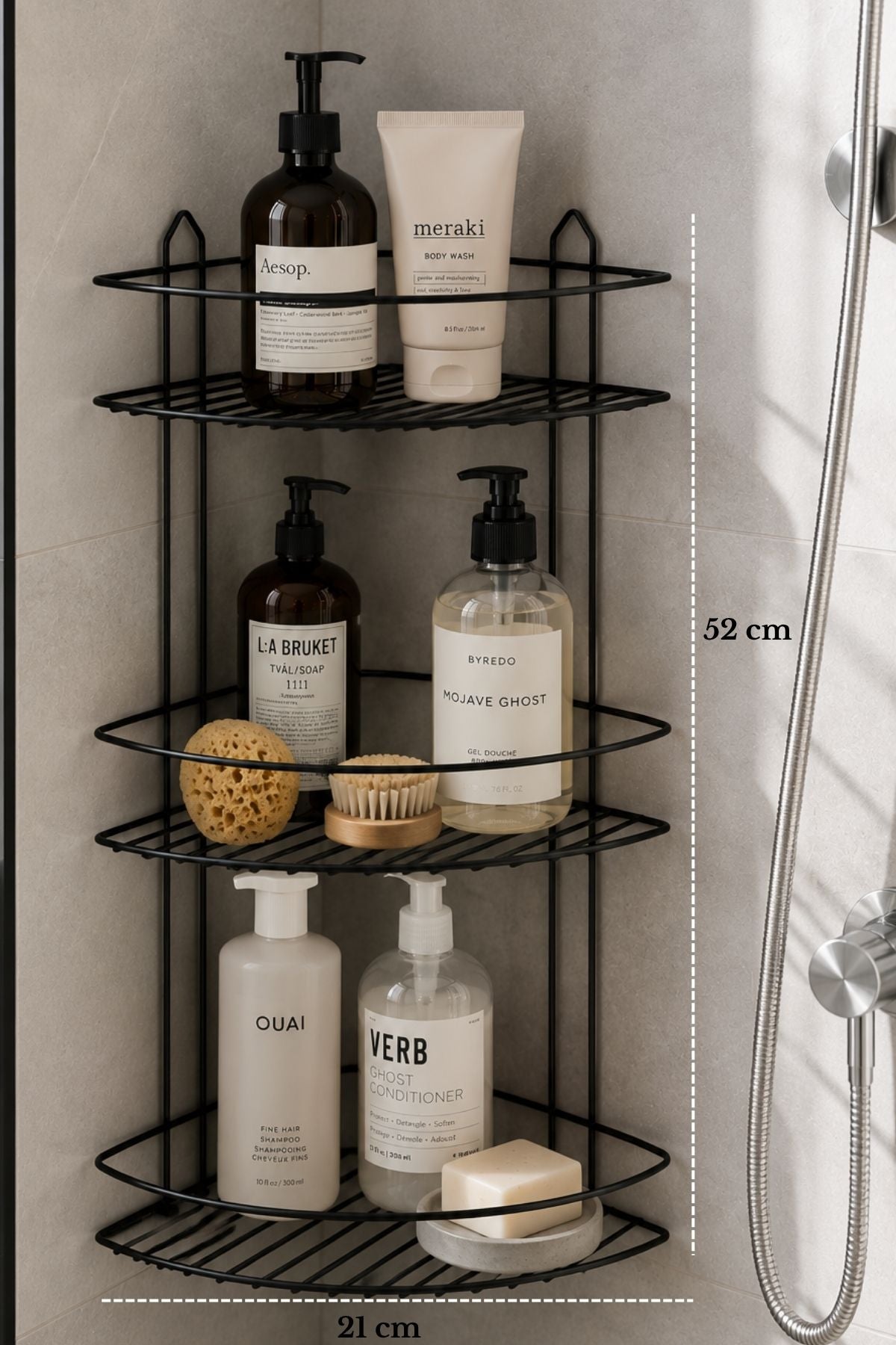 Siyah Ton Modern Banyo Köşesi – 3 Katlı Köşe Şampuanlık, Sabunluk, Kozmetik