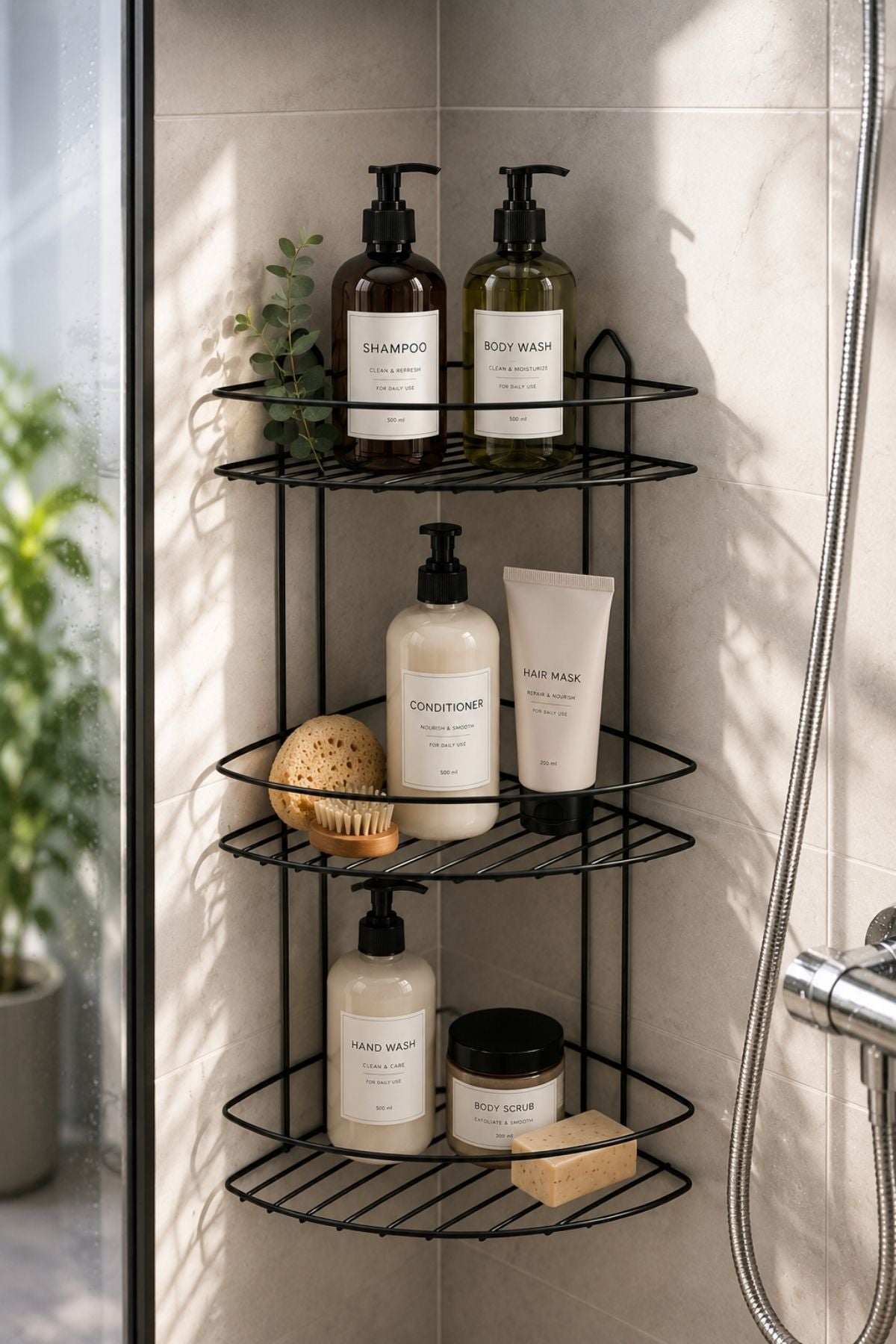 Siyah Ton Modern Banyo Köşesi – 3 Katlı Köşe Şampuanlık, Sabunluk, Kozmetik