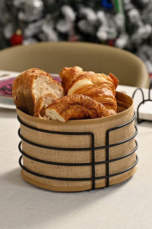 Siyah Yuvarlak Ekmek Sepeti Jüt Kumaş Bezi, Renkli Sunum Sepet Ekmeklik - Çok Amaçlı Metal Paslanmaz