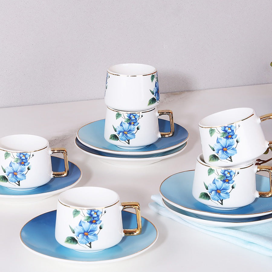 Türk Kahve Fincanı Mavi Çiçek Desenli Altın Kulplu 6 Kişilik 12 Parça