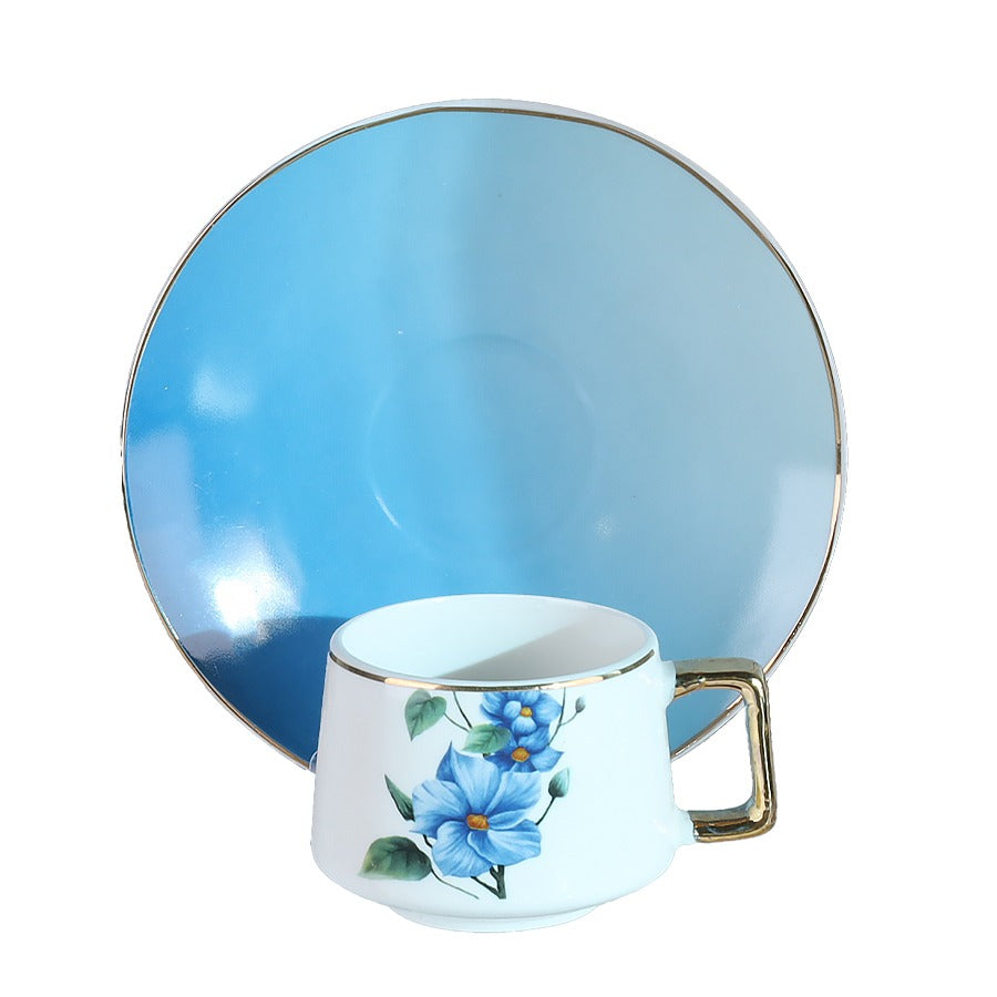 Türk Kahve Fincanı Mavi Çiçek Desenli Altın Kulplu 6 Kişilik 12 Parça