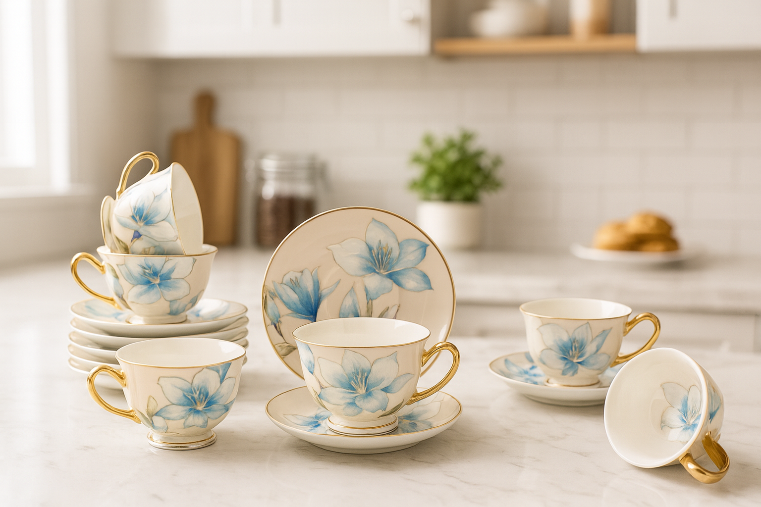 Türk Kahve Fincanı Vintage Esintili Çift Renkli Mavi Çiçek Şık Desenli 6 Kişilik 12 Parça