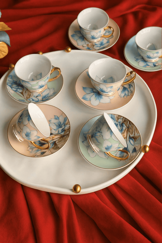 Türk Kahve Fincanı Vintage Esintili Çift Renkli Mavi Çiçek Şık Desenli 6 Kişilik 12 Parça