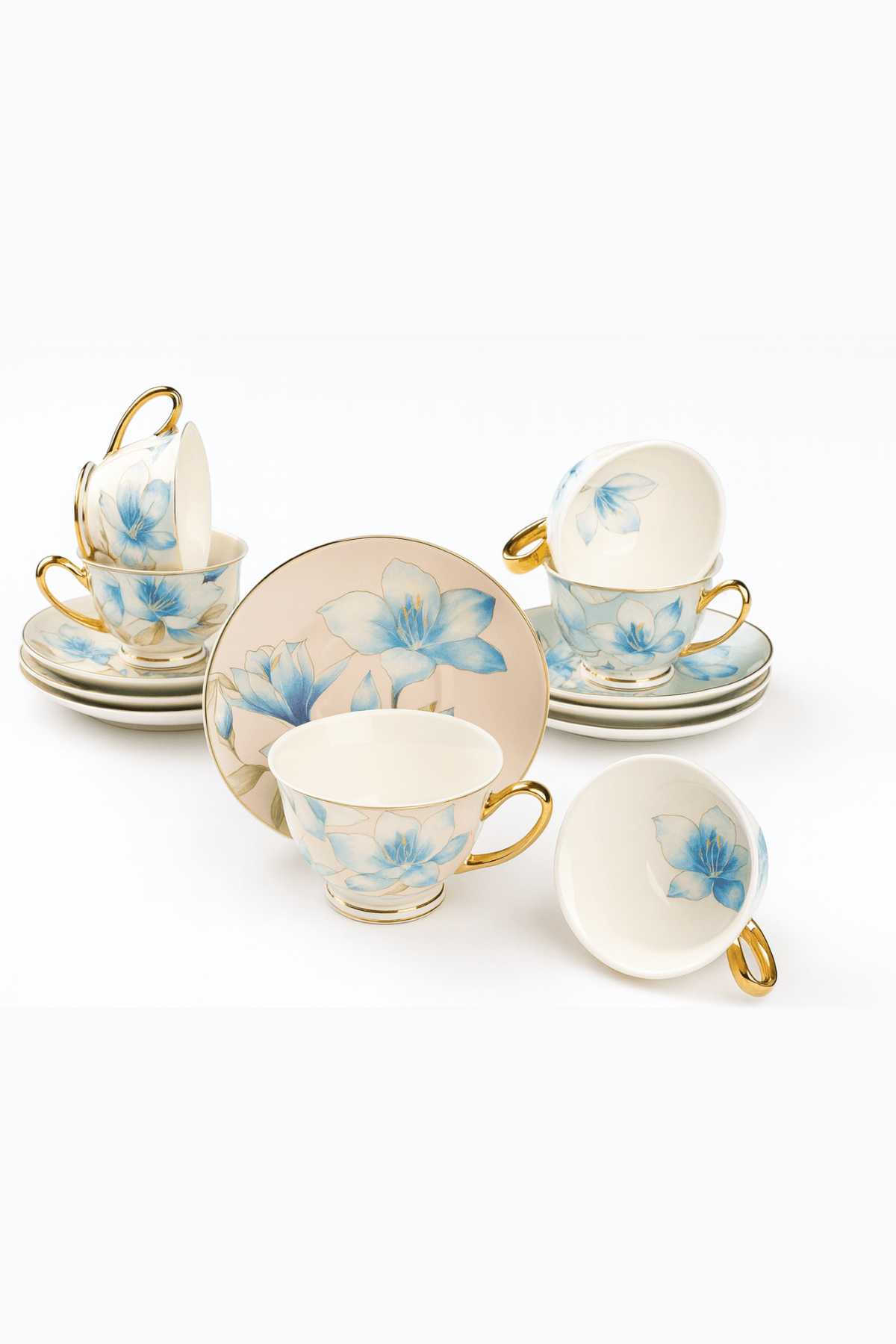 Türk Kahve Fincanı Vintage Esintili Çift Renkli Mavi Çiçek Şık Desenli 6 Kişilik 12 Parça