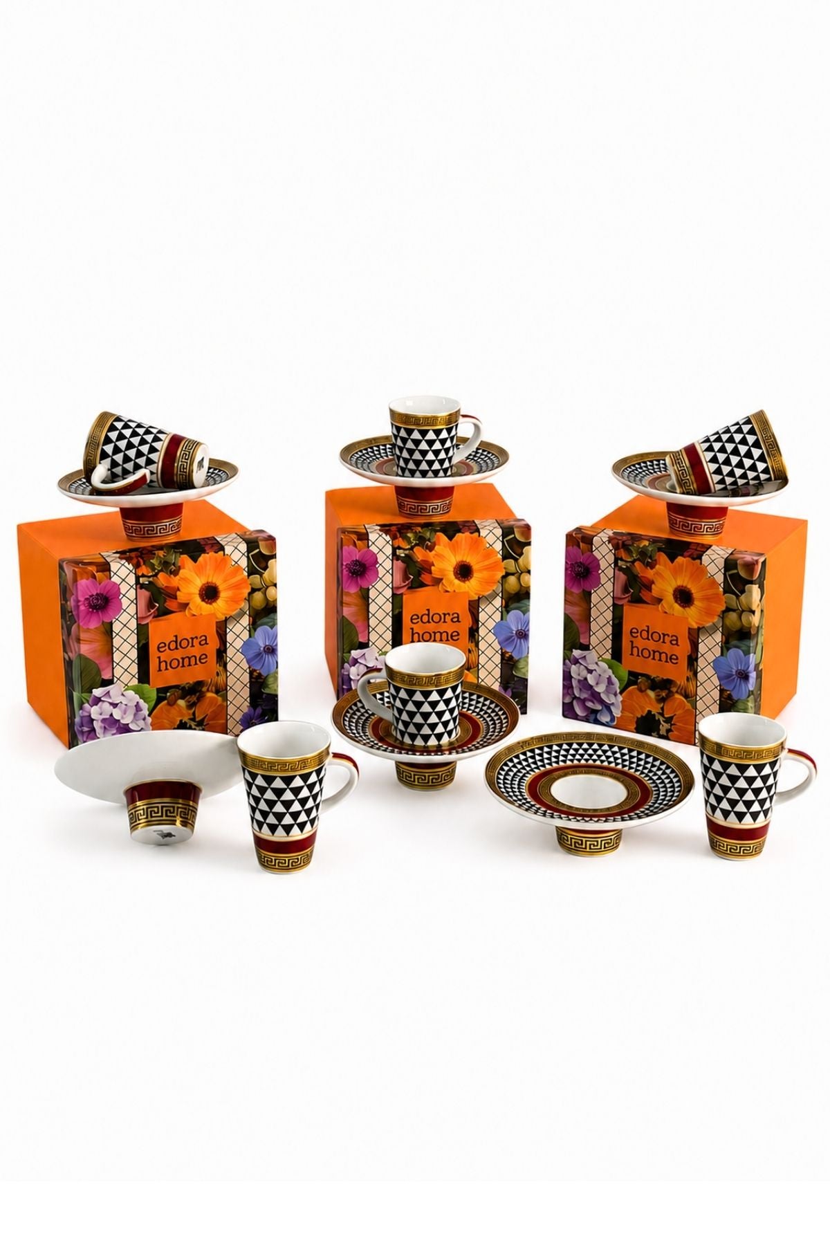 Turkish Coffee Cup Set Interlocking Black and White for 6 People, 12 Pieces