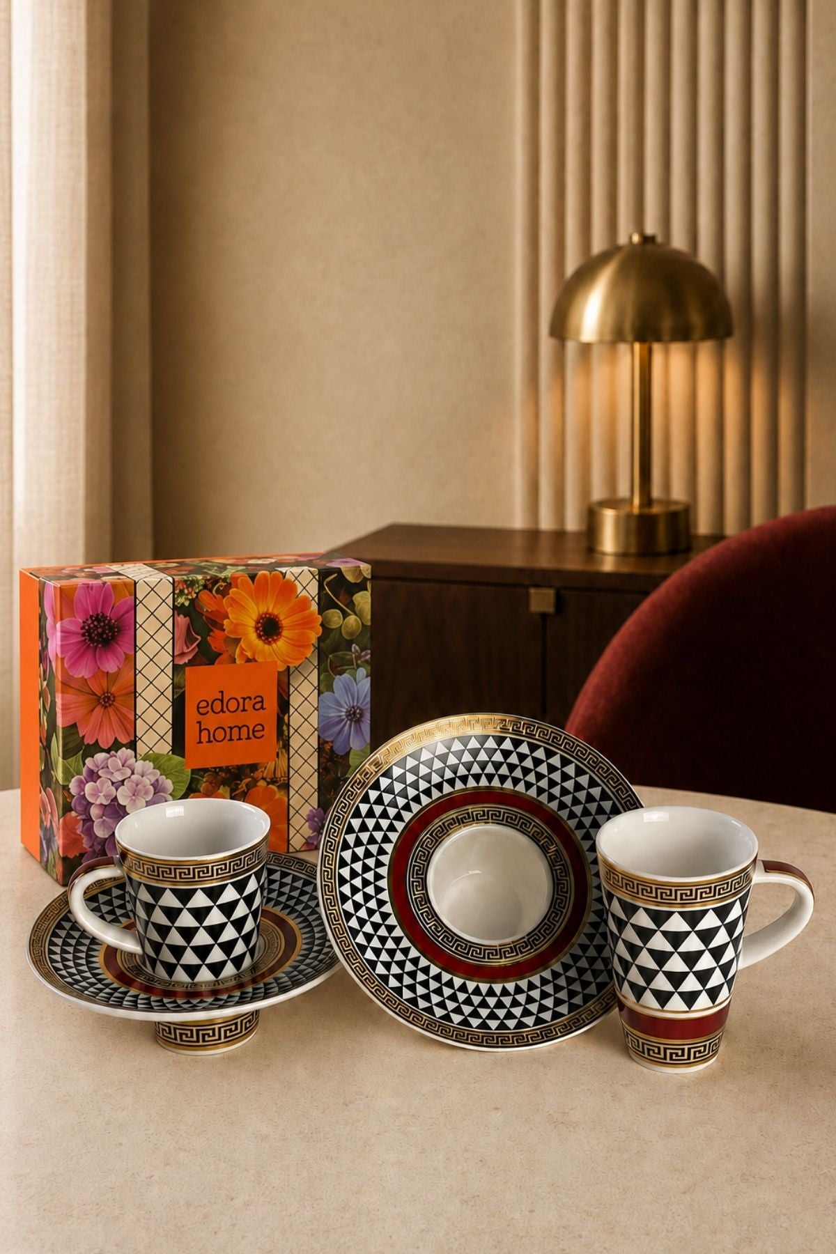Turkish Coffee Cup Set Interlocking Black and White for 6 People, 12 Pieces