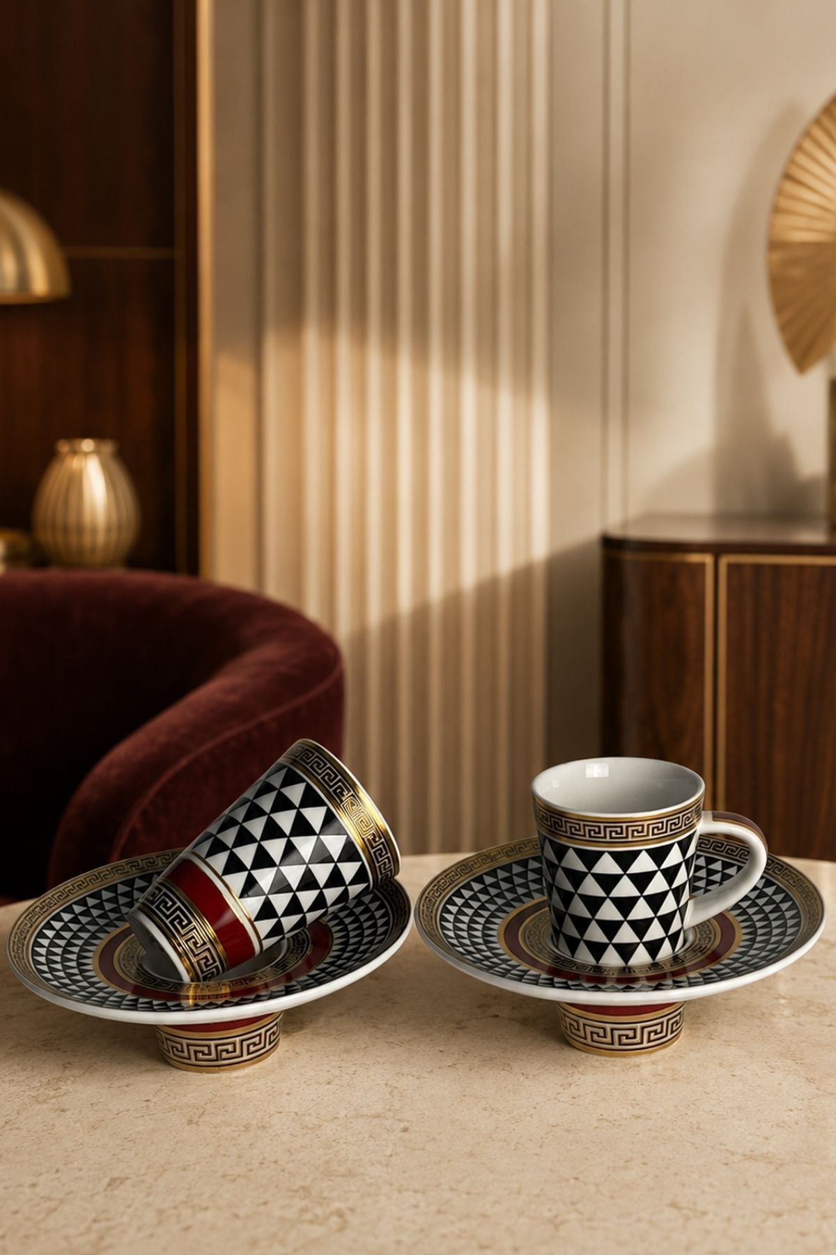 Turkish Coffee Cup Set Interlocking Black and White for 6 People, 12 Pieces