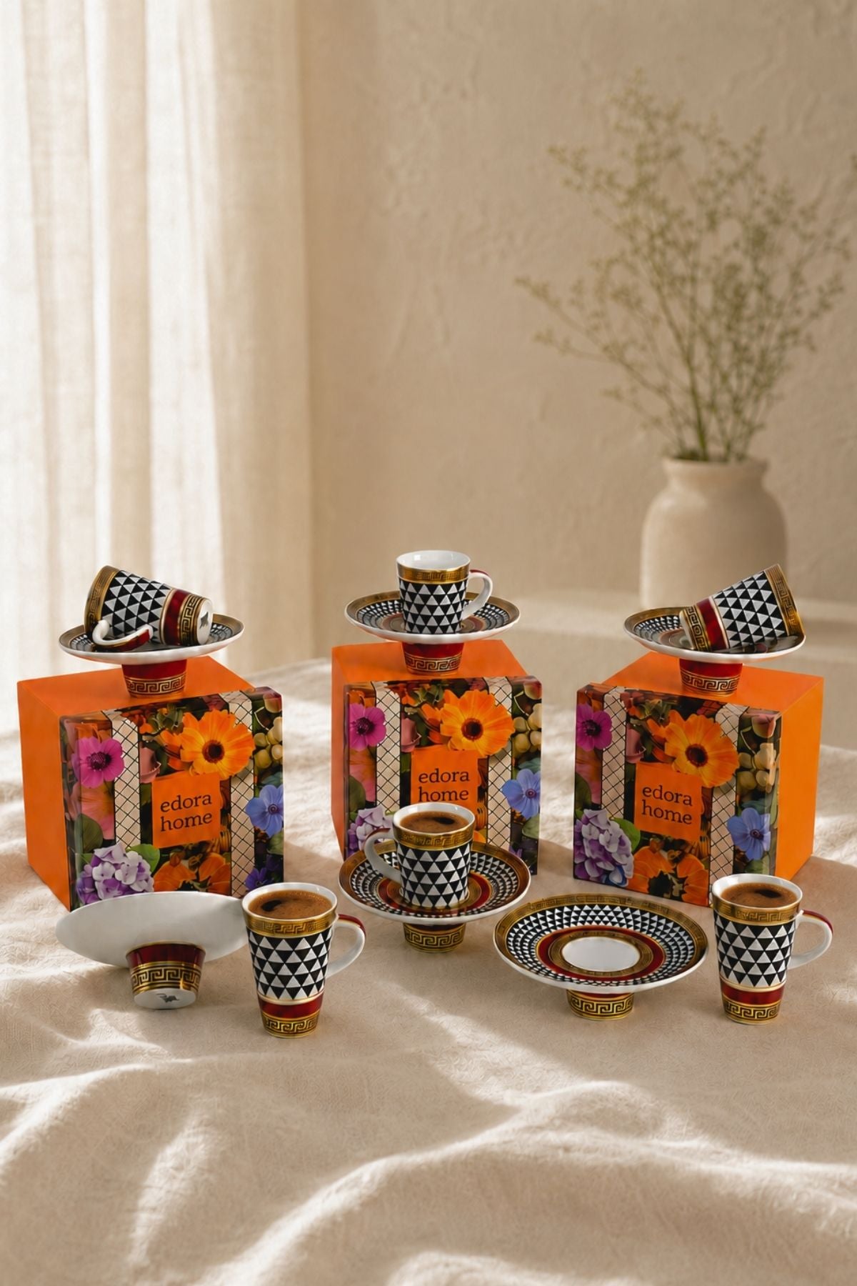 Turkish Coffee Cup Set Interlocking Black and White for 6 People, 12 Pieces
