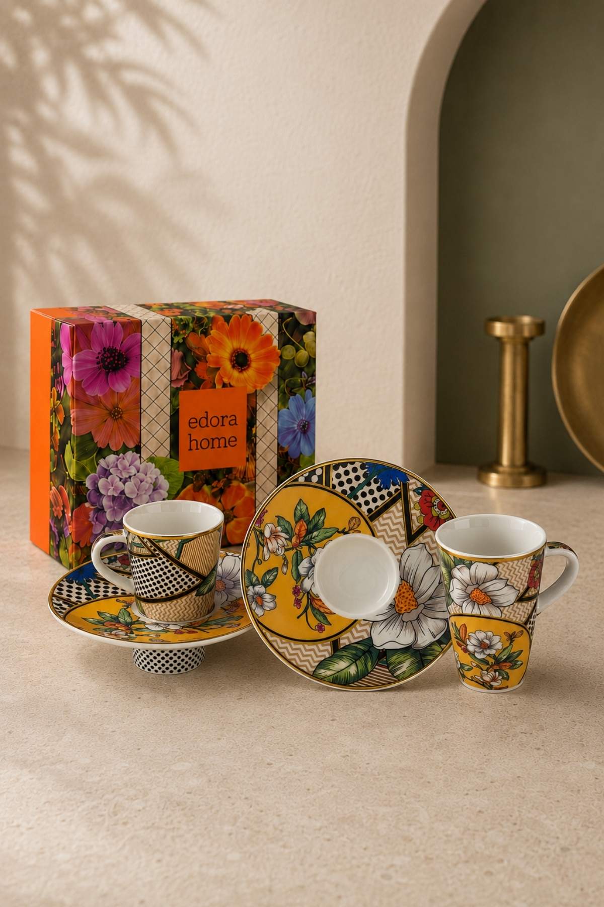 Turkish Coffee Cup Set Interlocking Vintage Floral 2 Person 4 Piece Cup and Saucer