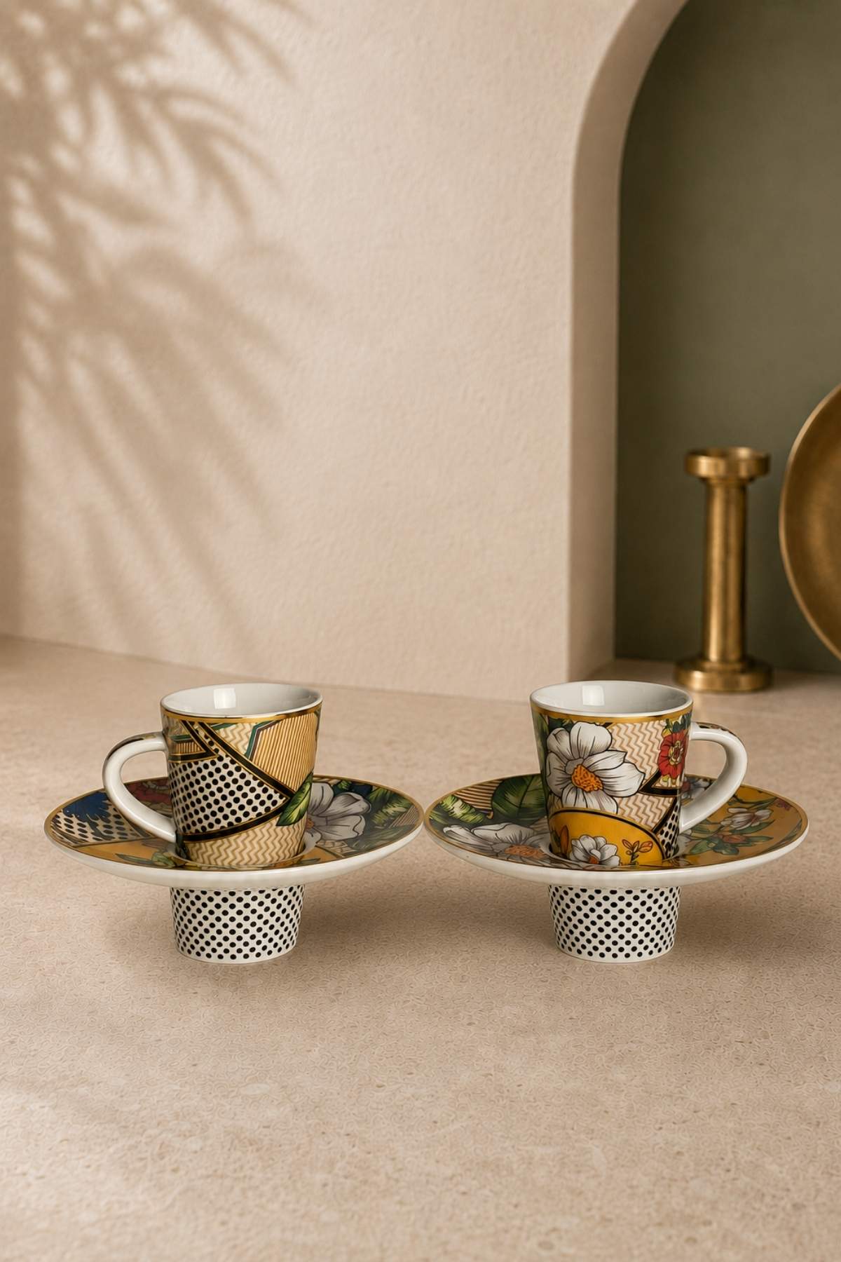 Turkish Coffee Cup Set Interlocking Vintage Floral 2 Person 4 Piece Cup and Saucer