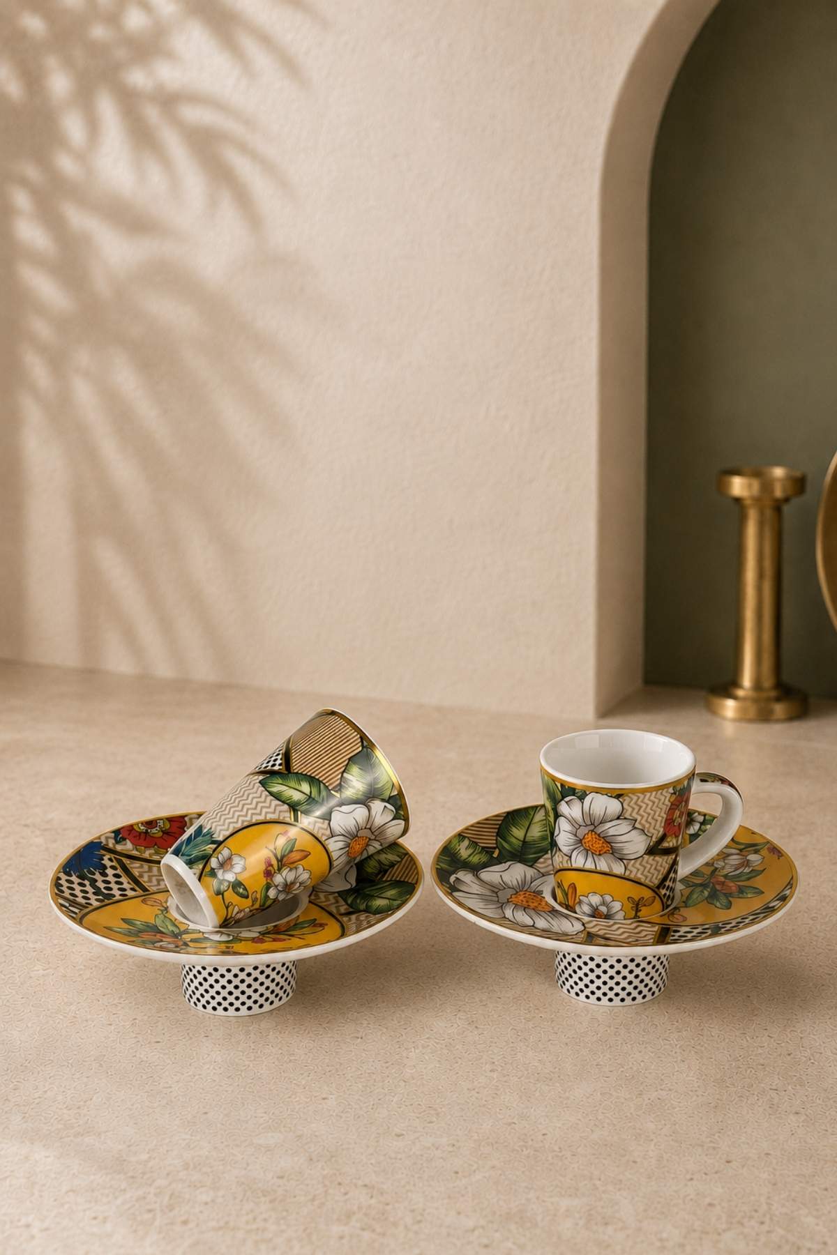 Turkish Coffee Cup Set Interlocking Vintage Floral 2 Person 4 Piece Cup and Saucer