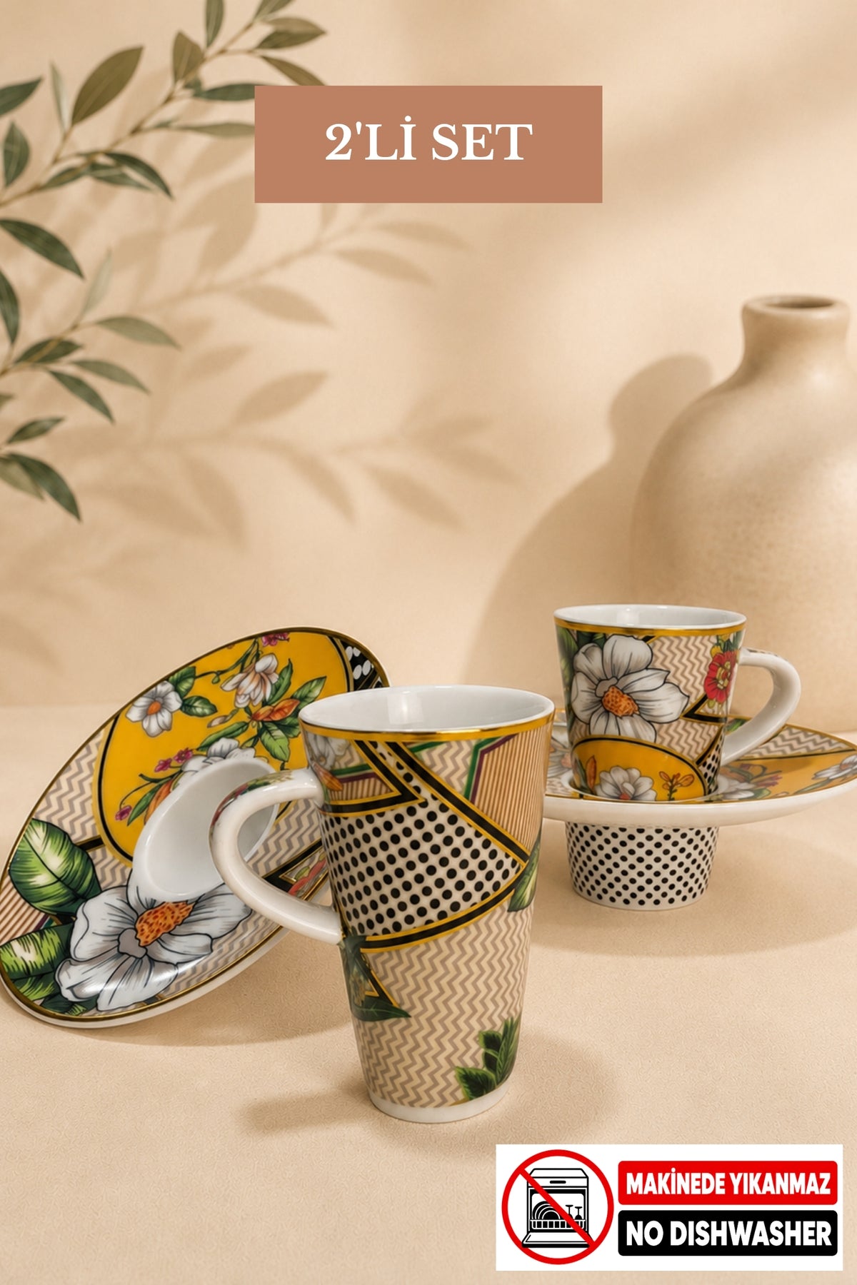 Turkish Coffee Cup Set Interlocking Vintage Floral 2 Person 4 Piece Cup and Saucer