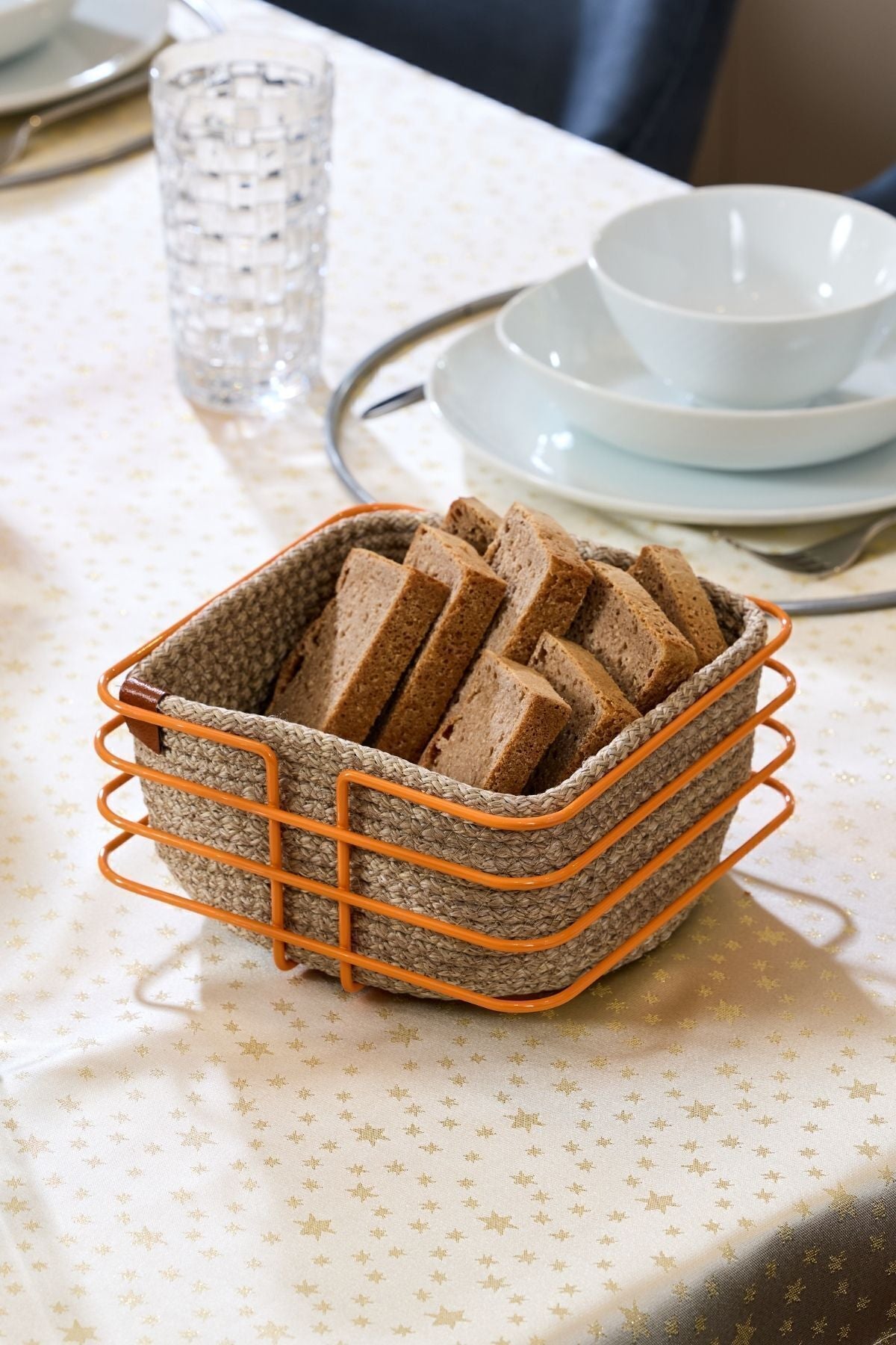 Orange Oval Cornered Square Bread Basket Bread Bin Serving Basket Macrame Multipurpose Stainless Metal
