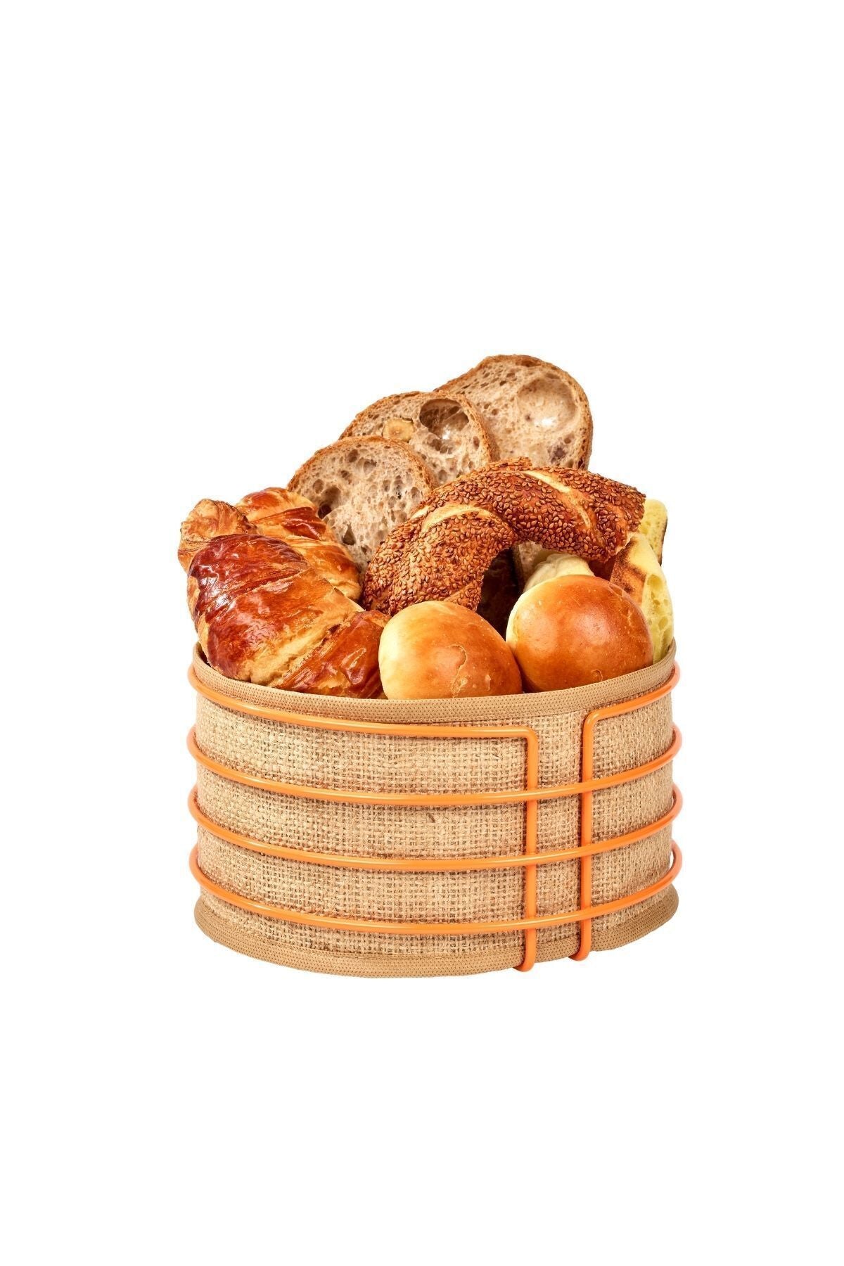 Orange Round Bread Basket Bread Bin Serving Basket Jute Fabric Multi-Purpose Stainless Metal