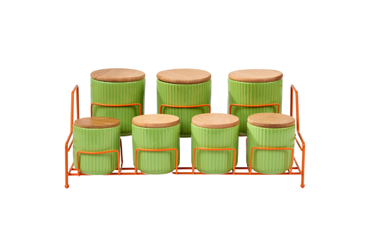 Turuncu Standlı 7 Bölmeli Porselen Baharat Takımı Bambu Kapaklı Mutfak Düzenleyici - Metal Paslanmaz