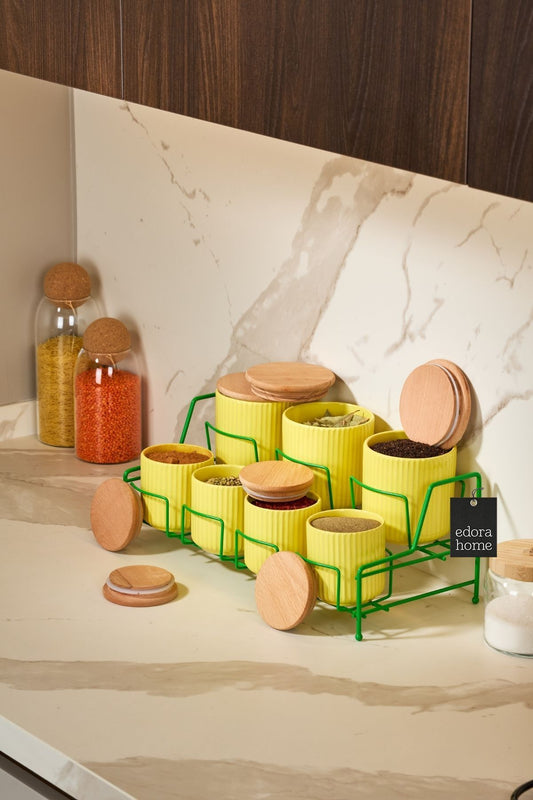 Yeşil Standlı 7 Bölmeli Porselen Baharat Takımı Bambu Kapaklı Mutfak Düzenleyici - Metal Paslanmaz