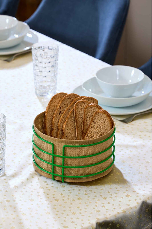 Yeşil Yuvarlak Ekmek Sepeti Jüt Kumaş Bezi, Renkli Sunum Sepet Ekmeklik - Çok Amaçlı Metal Paslanmaz