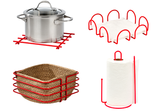 Yılbaşı Kırmızı 4'Lü Servis Sunum Set, Peçetelik, Kağıt Havluluk, Ekmeklik Makrome, Nihale - Metal Paslanmaz